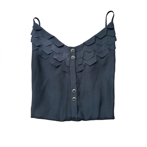 Yumi Kim- Black Silk Scalloped Cross Adjustable Spaghetti Strap Tank Top - Picture 1 of 7